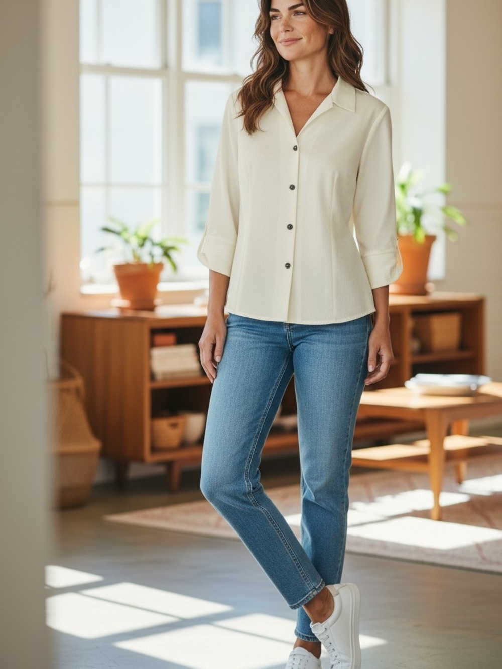 Christopher And Banks Women's 3/4 Sleeve Button Up Blouse Cream White Size XL